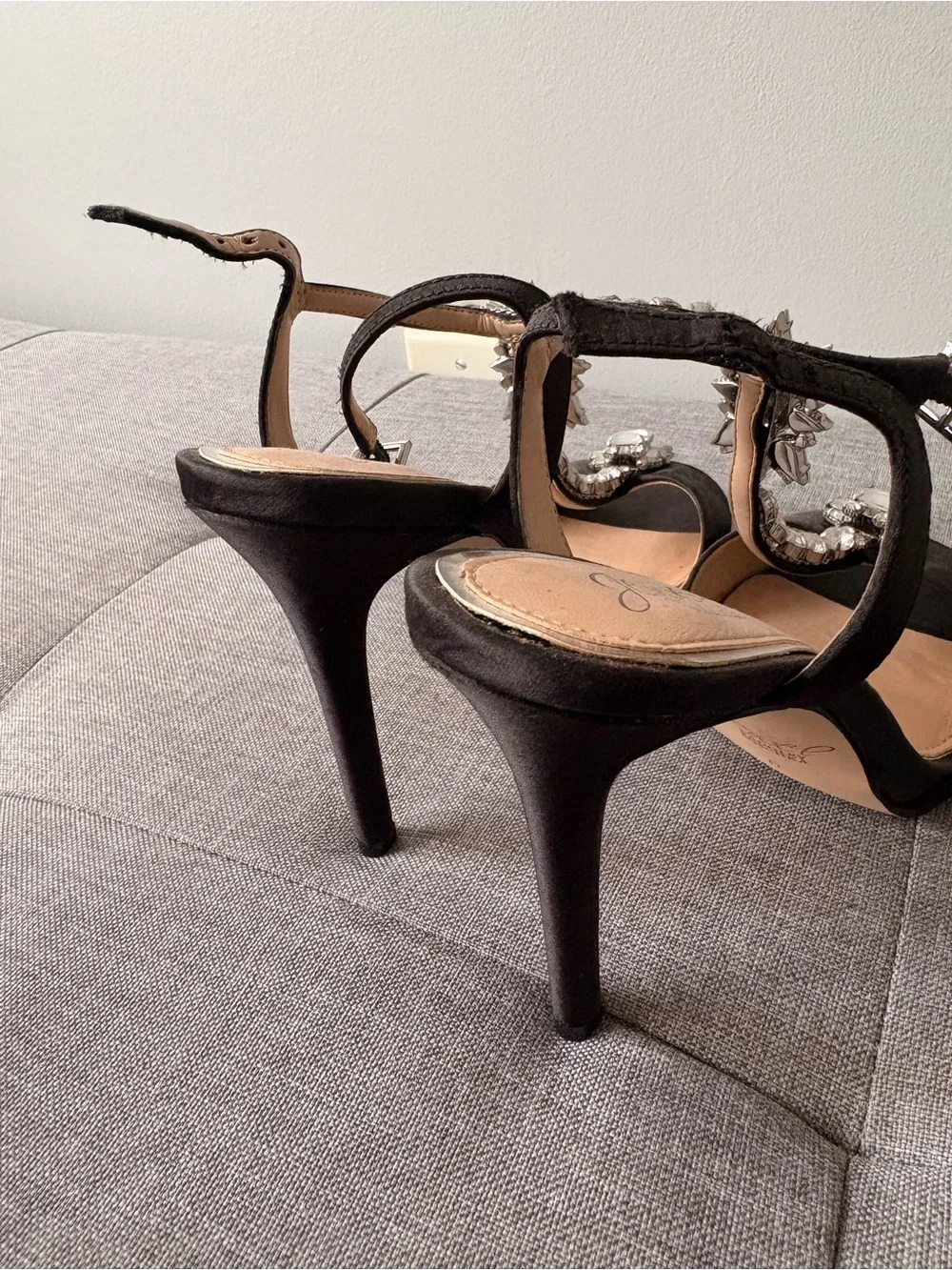 Black T-Strap Crystal Embellished Women's Heels